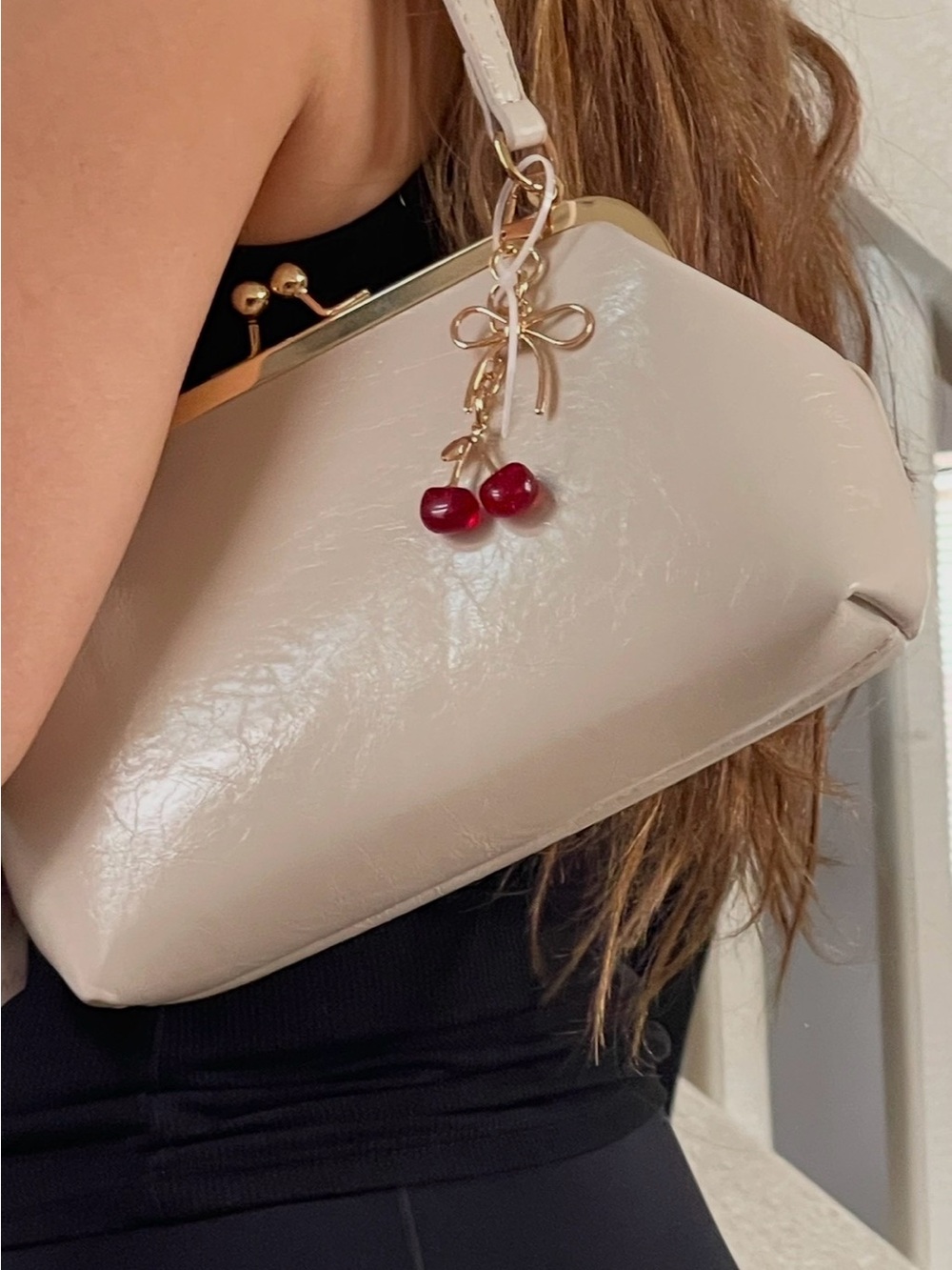 Elegant Cream kiss Lock Frame Shoulder Bag with Cherry Charm